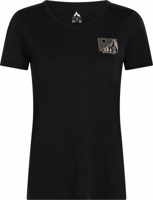 Schwarzes T-Shirt mit kurzem Ärmel und Bergmotiv. Schwarzes T-Shirt mit kurzem Ärmel und Bergmotiv.