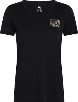 Schwarzes T-Shirt mit kurzem Ärmel und Bergmotiv.
