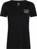 Schwarzes T-Shirt mit kurzem Ärmel und Bergmotiv.