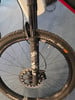 Fahrrad-Federgabel mit Scheibenbremse und Schwalbe-Reifen.