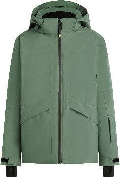 Grüne Herren-Skijacke mit Kapuze und schwarzem Reißverschluss.