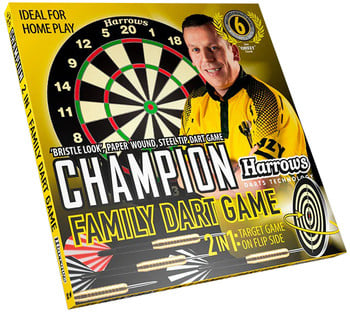 Champion Family Dart Game Box mit Dartscheibe und Pfeilen.