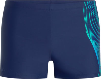 Marineblaue Badeshorts mit einem blaugrünen abstrakten Muster an der Seite. Marineblaue Badeshorts mit einem blaugrünen abstrakten Muster an der Seite.