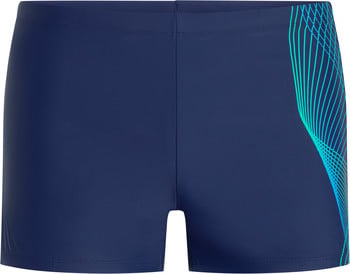 Marineblaue Badeshorts mit einem blaugrünen abstrakten Muster an der Seite.