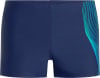 Marineblaue Badeshorts mit einem blaugrünen abstrakten Muster an der Seite.