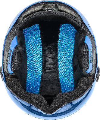 Blauer UVEX Skihelm mit atmungsaktivem Innenfutter.