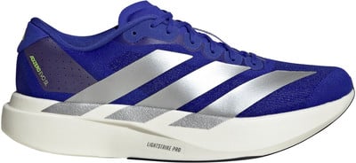 Blauer Adidas Laufschuh mit weißer Sohle und silbernen Streifen. Blauer Adidas Laufschuh mit weißer Sohle und silbernen Streifen.