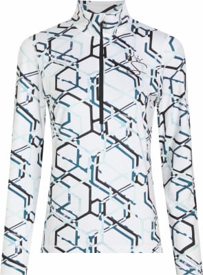 Weißes Langarmshirt mit geometrischem Muster und schwarzem Reißverschluss. Weißes Langarmshirt mit geometrischem Muster und schwarzem Reißverschluss.