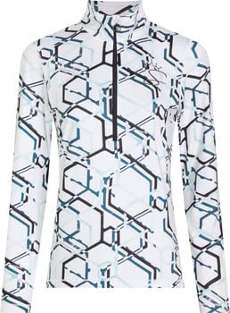 Weißes Langarmshirt mit geometrischem Muster und schwarzem Reißverschluss.