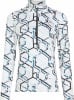 Weißes Langarmshirt mit geometrischem Muster und schwarzem Reißverschluss.