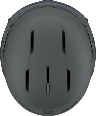 Ein grauer Skihelm mit integriertem Visier und Lüftungsschlitzen. Ein grauer Skihelm mit integriertem Visier und Lüftungsschlitzen.