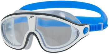 Blaue Speedo Schwimmbrille mit weißem Rahmen und klaren Gläsern.