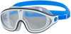 Blaue Speedo Schwimmbrille mit weißem Rahmen und klaren Gläsern.