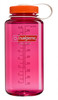 Eine rosa Nalgene-Flasche mit Messskala und orangefarbenem Deckel.