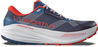 Herren-Laufschuh La Sportiva Prodigio Max in Dunkelblau mit roten Akzenten.