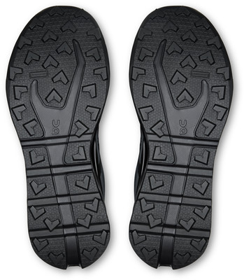 Zwei schwarze Laufschuhsohlen mit ausgeprägtem Profil für bessere Traktion.