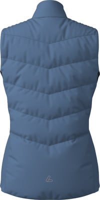 Blaue gesteppte Weste mit Logo im unteren Rückenbereich. Blaue gesteppte Weste mit Logo im unteren Rückenbereich.