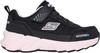 Schwarzer Kinder-Skechers-Schuh mit rosa Sohle und wasserdichter Markierung.