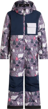 Lila Overall mit Eisbären- und Baumdruck für den Winter.