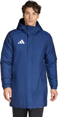 Herren dunkelblaue Steppjacke mit Kapuze und Adidas-Logo.