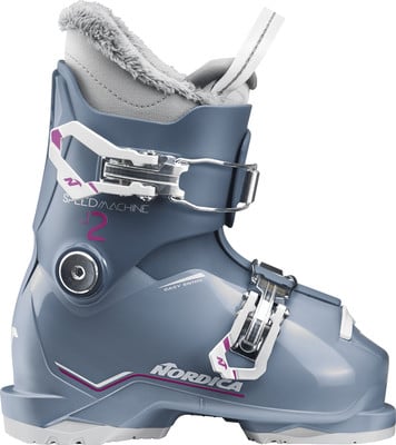 Ein blauer Nordica Skischuh mit Fell und Schnallen.