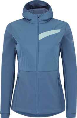 Damenjacke in Blau mit Kapuze und hellblauem Streifen auf der Brust. Damenjacke in Blau mit Kapuze und hellblauem Streifen auf der Brust.