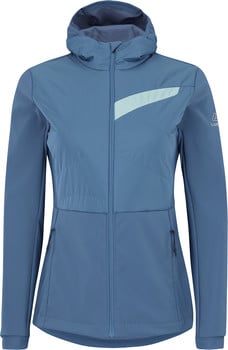 Damenjacke in Blau mit Kapuze und hellblauem Streifen auf der Brust.