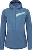 Damenjacke in Blau mit Kapuze und hellblauem Streifen auf der Brust.