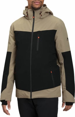 Herrenjacke in Beige und Schwarz mit Kapuze und orangefarbenen Details. Herrenjacke in Beige und Schwarz mit Kapuze und orangefarbenen Details.