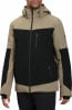 Herrenjacke in Beige und Schwarz mit Kapuze und orangefarbenen Details.