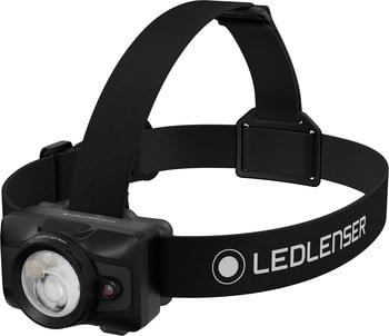 Schwarze LEDLENSER Stirnlampe mit verstellbarem Riemen und LED-Licht.