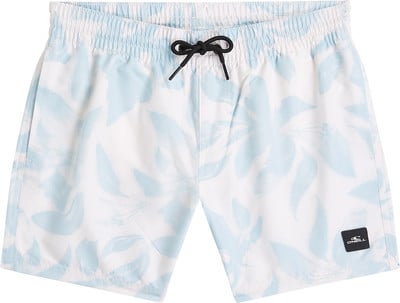 Weiße Badeshorts mit blauem Blumenmuster und schwarzer Kordel. Weiße Badeshorts mit blauem Blumenmuster und schwarzer Kordel.