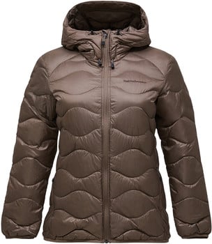 Braune Daunenjacke mit Kapuze und Wellensteppung, Marke Peak Performance.