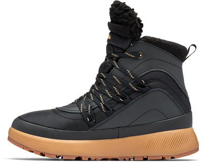 Schwarzer Damen-Winterstiefel mit brauner Sohle und Pelzkragen.