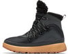 Schwarzer Damen-Winterstiefel mit brauner Sohle und Pelzkragen.