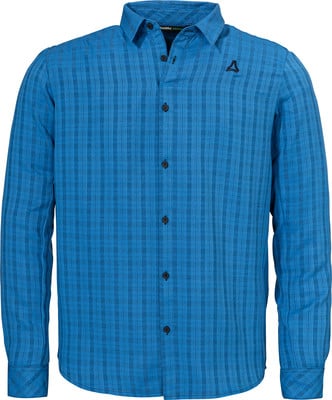 Blau kariertes Langarmhemd mit schwarzen Knöpfen. Blau kariertes Langarmhemd mit schwarzen Knöpfen.