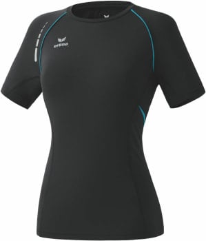 Schwarzes Damen-T-Shirt von Erima mit kurzen Ärmeln und türkisfarbenen Akzenten.