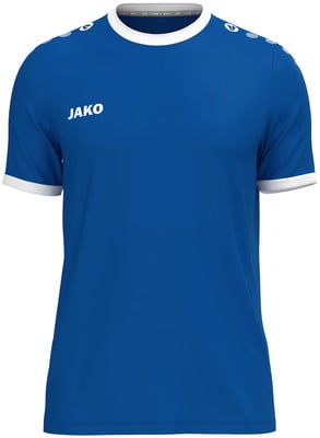 Blaues Sport-T-Shirt mit weißem Kragen und Ärmelbündchen, JAKO-Logo. Blaues Sport-T-Shirt mit weißem Kragen und Ärmelbündchen, JAKO-Logo.