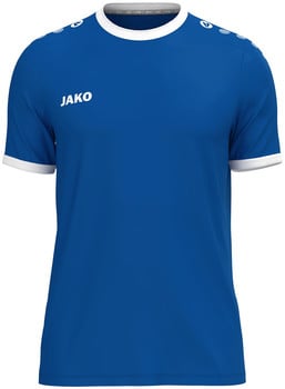 Blaues Sport-T-Shirt mit weißem Kragen und Ärmelbündchen, JAKO-Logo.