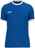 Blaues Sport-T-Shirt mit weißem Kragen und Ärmelbündchen, JAKO-Logo.
