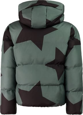 Grüne Daunenjacke mit dunklen Sternen und hohem Kragen. Grüne Daunenjacke mit dunklen Sternen und hohem Kragen.