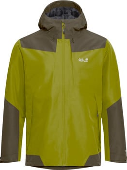 Grüne Jacke mit Kapuze und braunen Einsätzen von Jack Wolfskin.