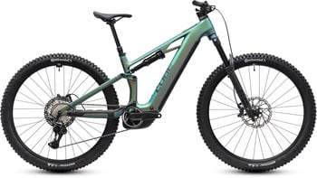 Grünes Cube Mountain E-Bike mit Fullsuspension und RockShox Dämpfer.