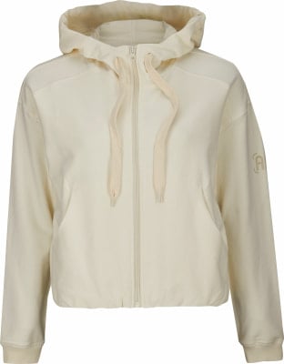 Damen-Cremefarbene Reißverschluss-Kapuzenjacke mit Logo auf dem Ärmel.
