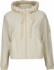 Damen-Cremefarbene Reißverschluss-Kapuzenjacke mit Logo auf dem Ärmel.