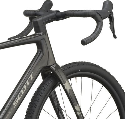 Vorderseite eines grauen Scott Gravelbikes mit Lenker und Reifen.