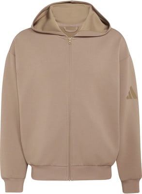 Braune Herren-Kapuzenjacke mit Adidas-Logo auf dem Ärmel. Braune Herren-Kapuzenjacke mit Adidas-Logo auf dem Ärmel.
