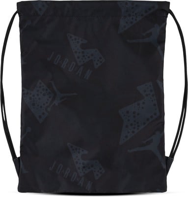 Schwarze Tasche mit Jordan-Logo-Print und Silhouette eines springenden Spielers. Schwarze Tasche mit Jordan-Logo-Print und Silhouette eines springenden Spielers.