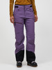 Damen-Skihose in Lila mit schwarzen Hosenbeinen und schwarzen Skischuhen.