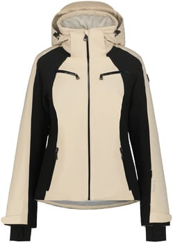 Beige Jacke mit schwarzen Einsätzen und Kapuze, Reißverschlüssen und Logo.